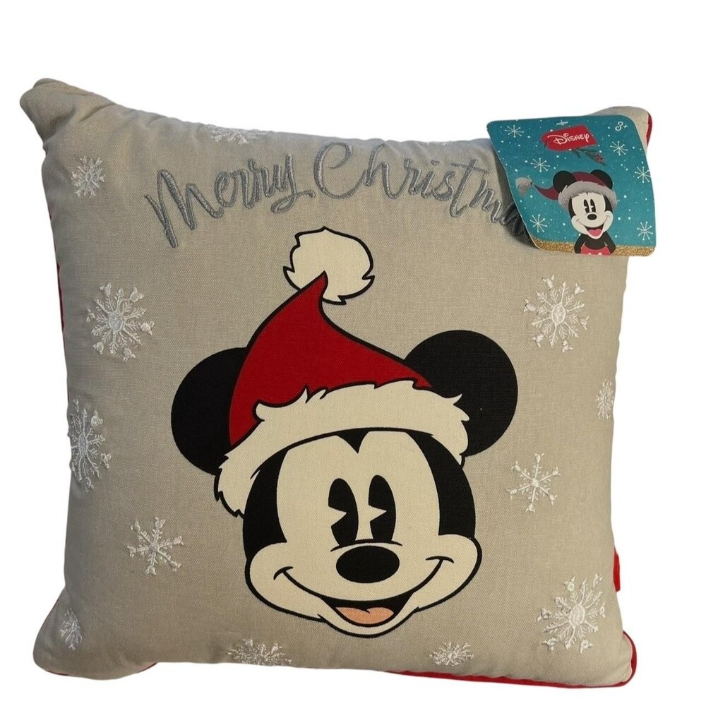 Disney Mickey Mouse Holiday Pillow Merry Christmas Snowflakes 16" New Decor